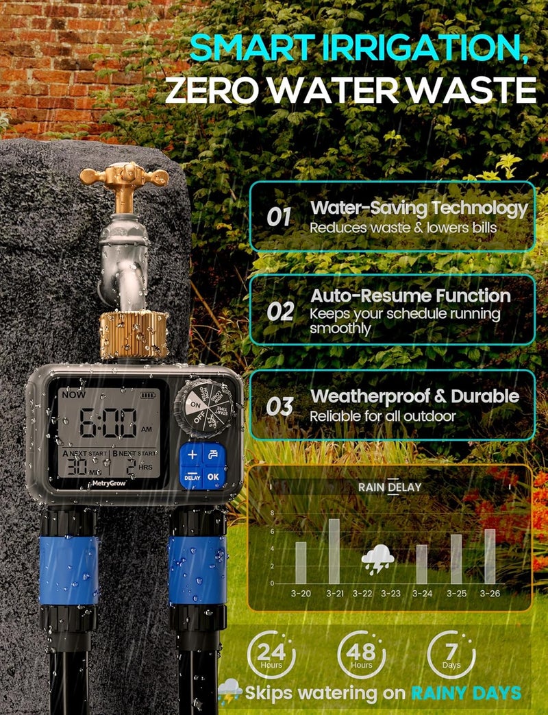 MetryGrow Sprinkler Timer, Programmable Irrigation Water Timer with 2 Brass Inlet for Garden Hose, Automatic Watering System for Yard Lawn, Rain Delay - Image 5